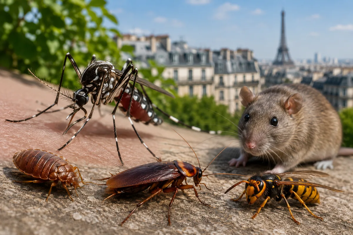 Moustique tigre posé sur une peau humaine, principal nuisible signalé en Île-de-France durant l'été 2026