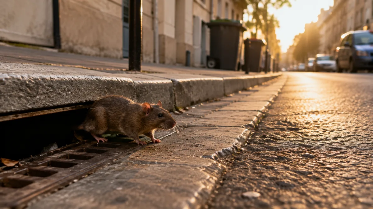 Rat brun (surmulot) sortant d'une bouche d'égout sur un trottoir de ville en été