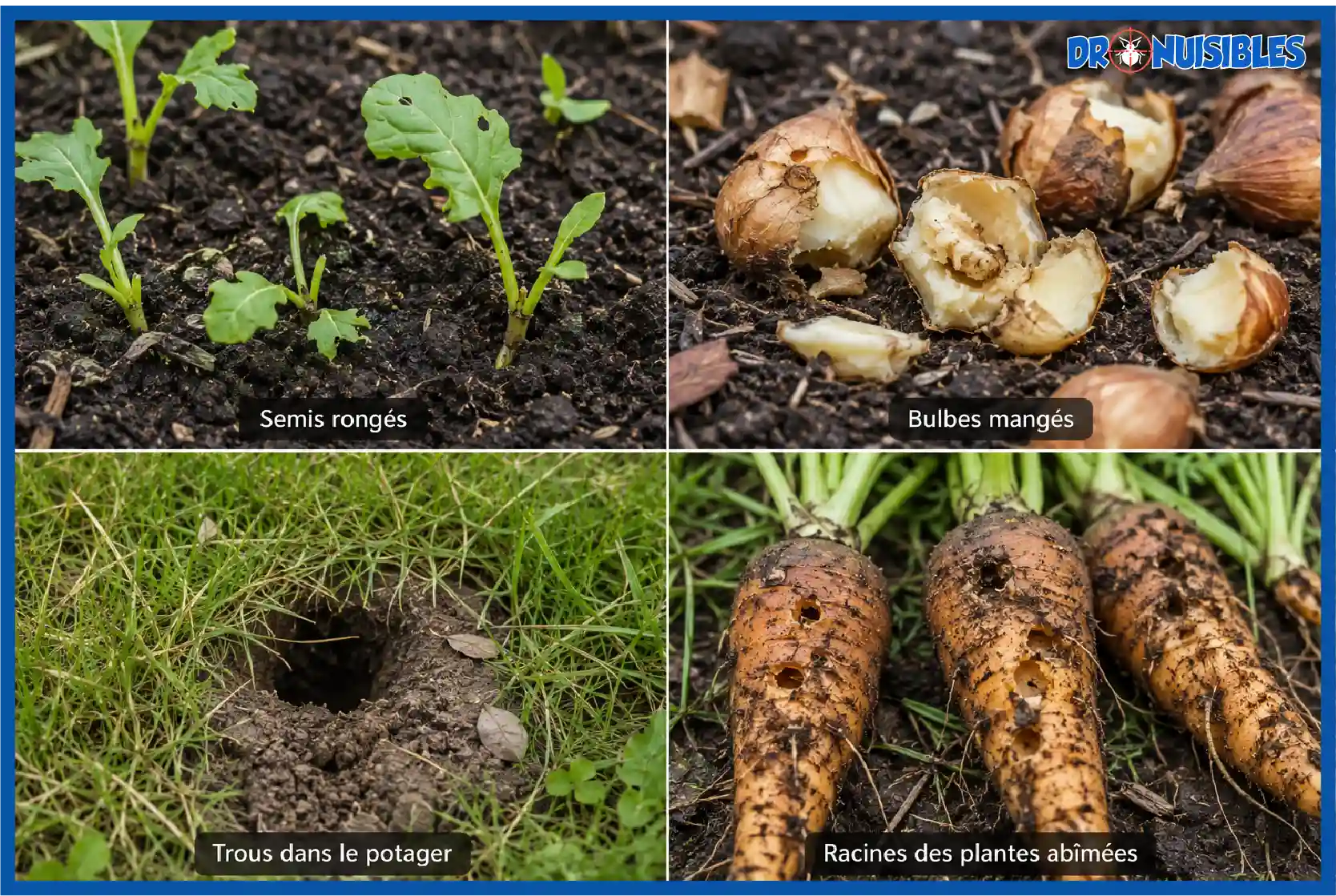 Dégâts causés par des mulots dans un jardin avec semis rongés bulbes mangés et racines abîmées