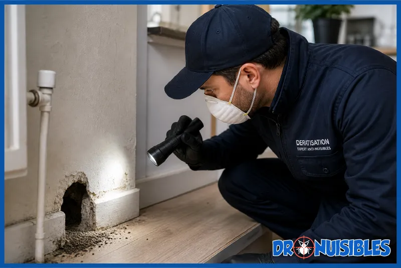 deratiseur inspectant une maison pour detecter une infestation de rongeurs