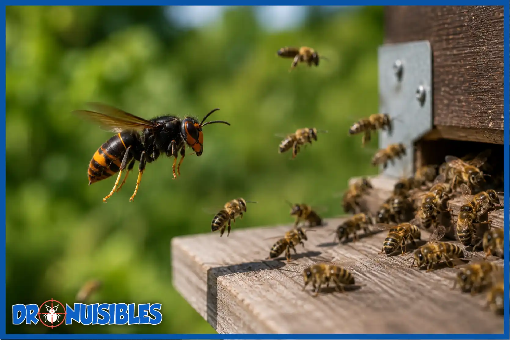 Frelon asiatique en vol stationnaire devant une ruche d'abeilles