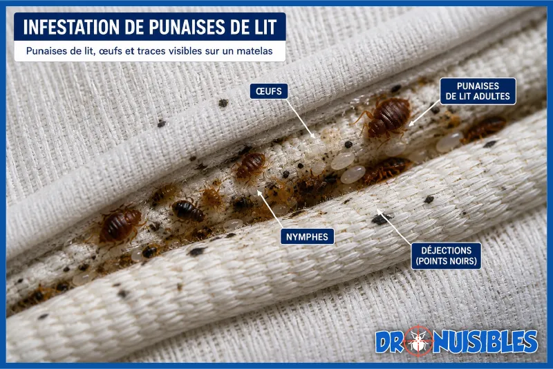 infestation de punaises de lit sur matelas avec œufs nymphes et déjections visibles