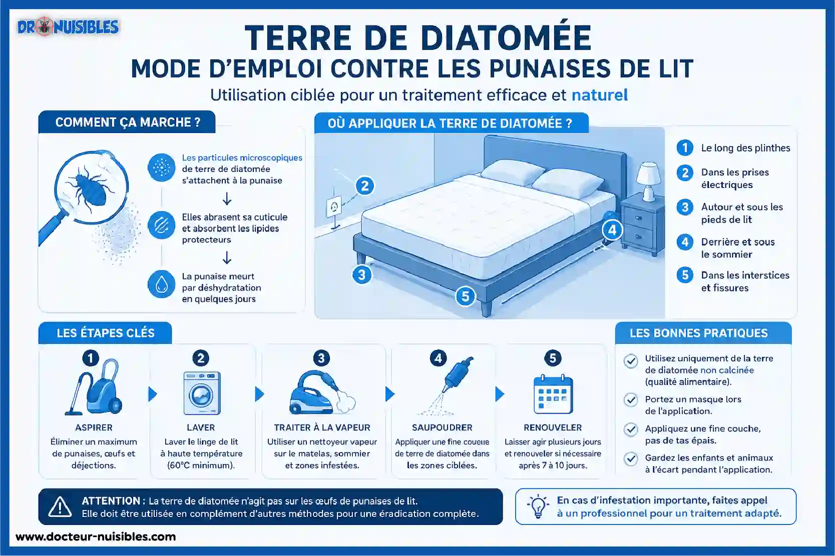infographie utilisation terre de diatomée punaises de lit étapes et zones traitées