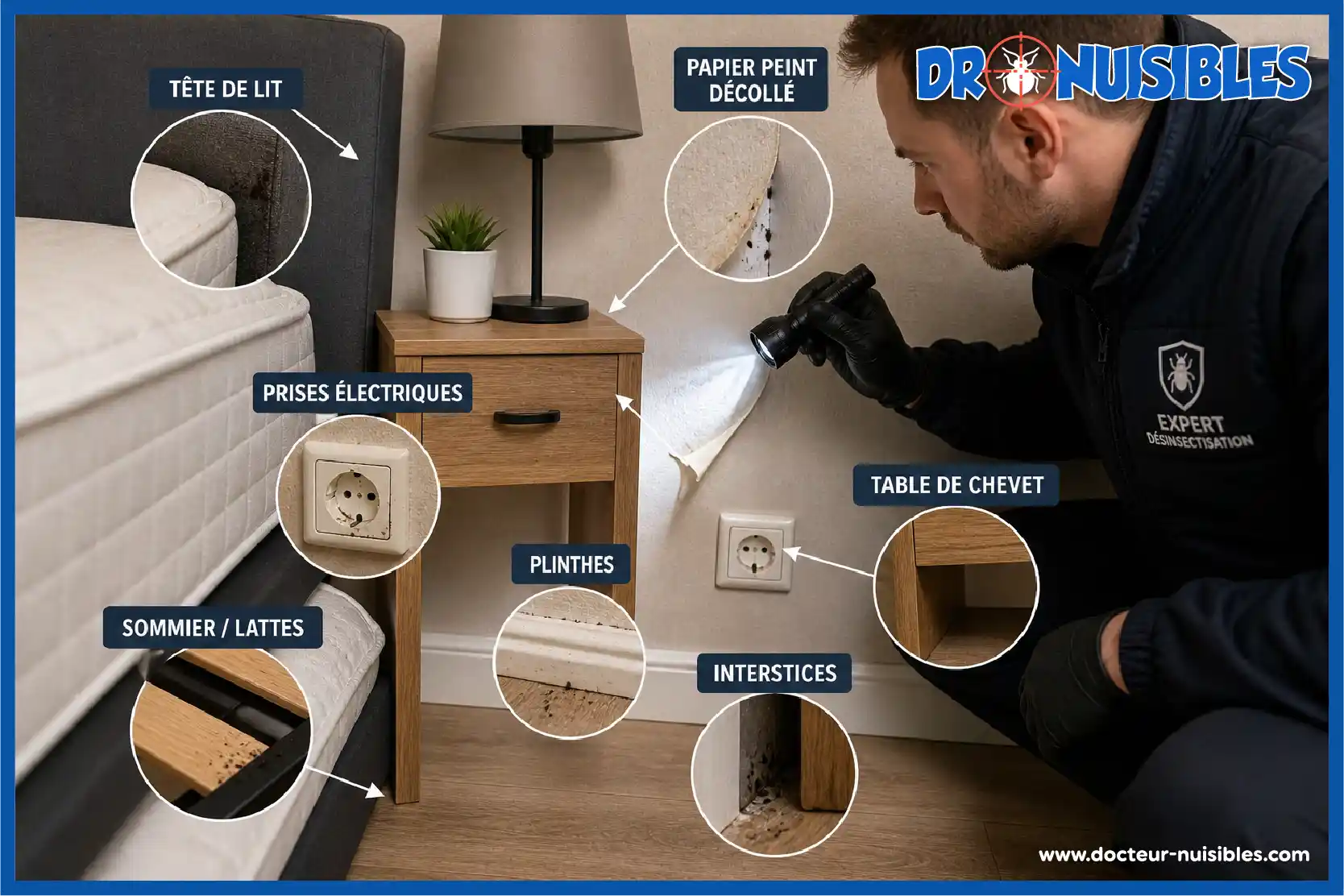 inspection visuelle pour trouver un nid de punaises de lit dans les plinthes prises électriques et tête de lit