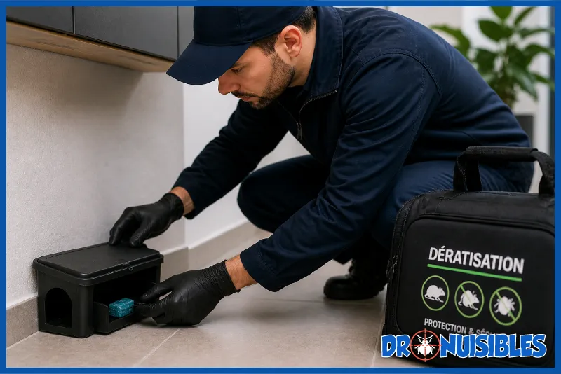installation poste appatage deratisation par professionnel le long dun mur