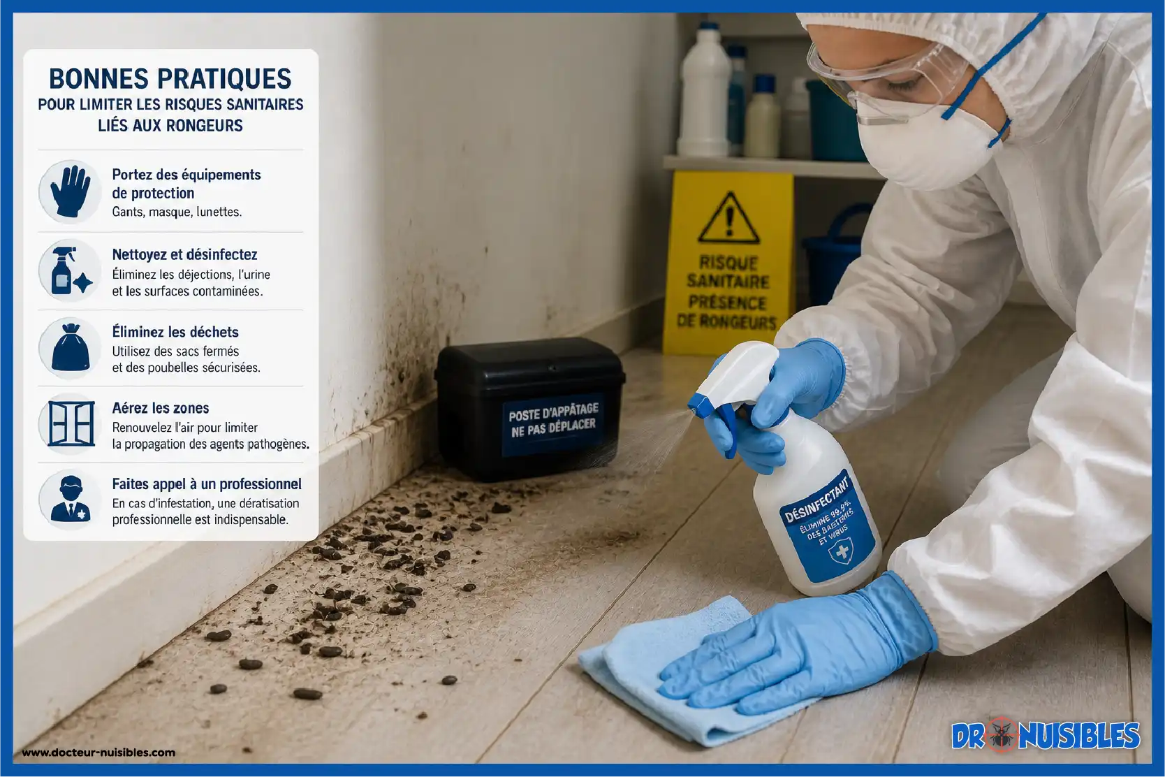 nettoyage surface contaminee avec gants et protection contre rongeurs
