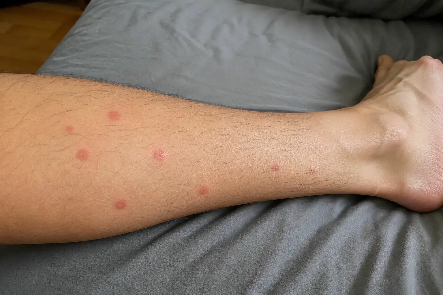 Photo de piqûres de punaises de lit sur la jambe