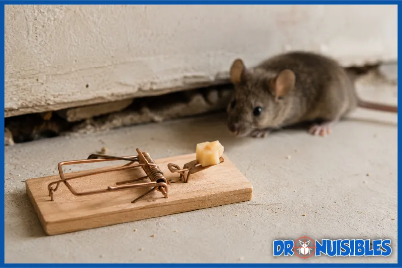 Souris s'approchant d'un piège à souris en bois appâté avec un morceau de fromage
