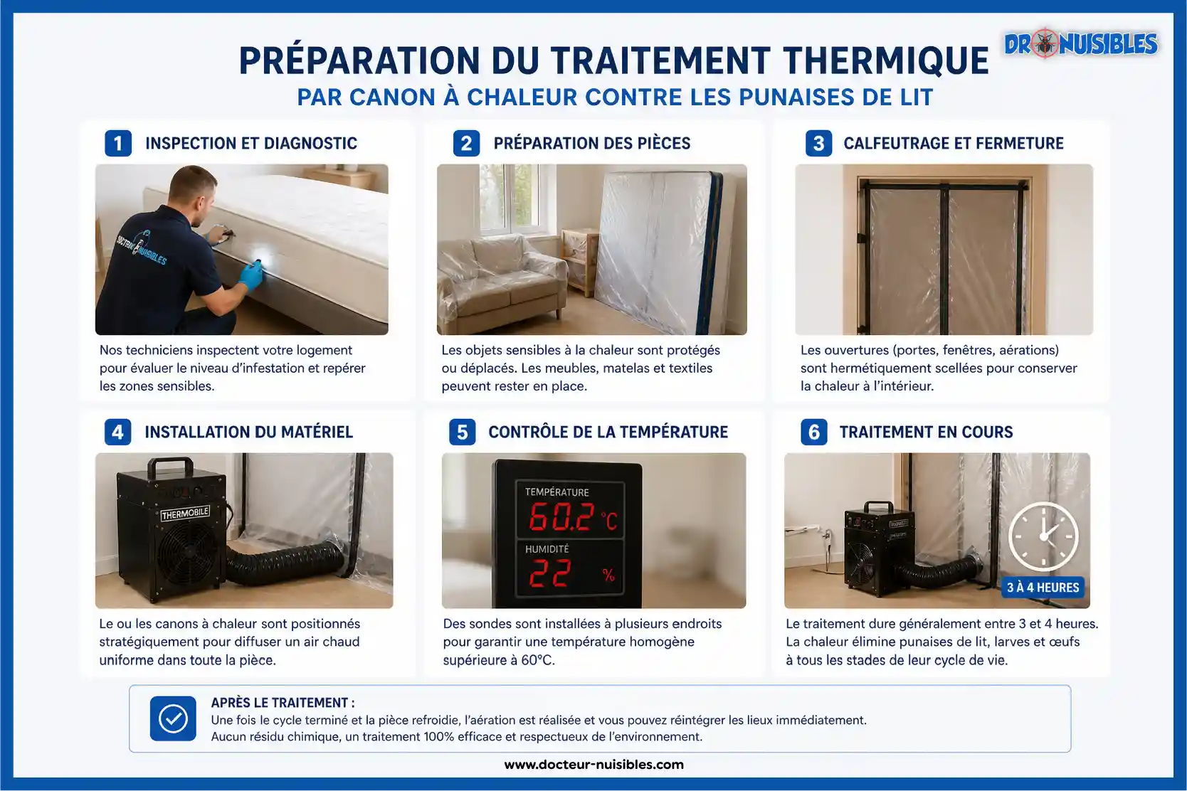 preparation traitement thermique punaises de lit inspection calfeutrage temperature installation materiel