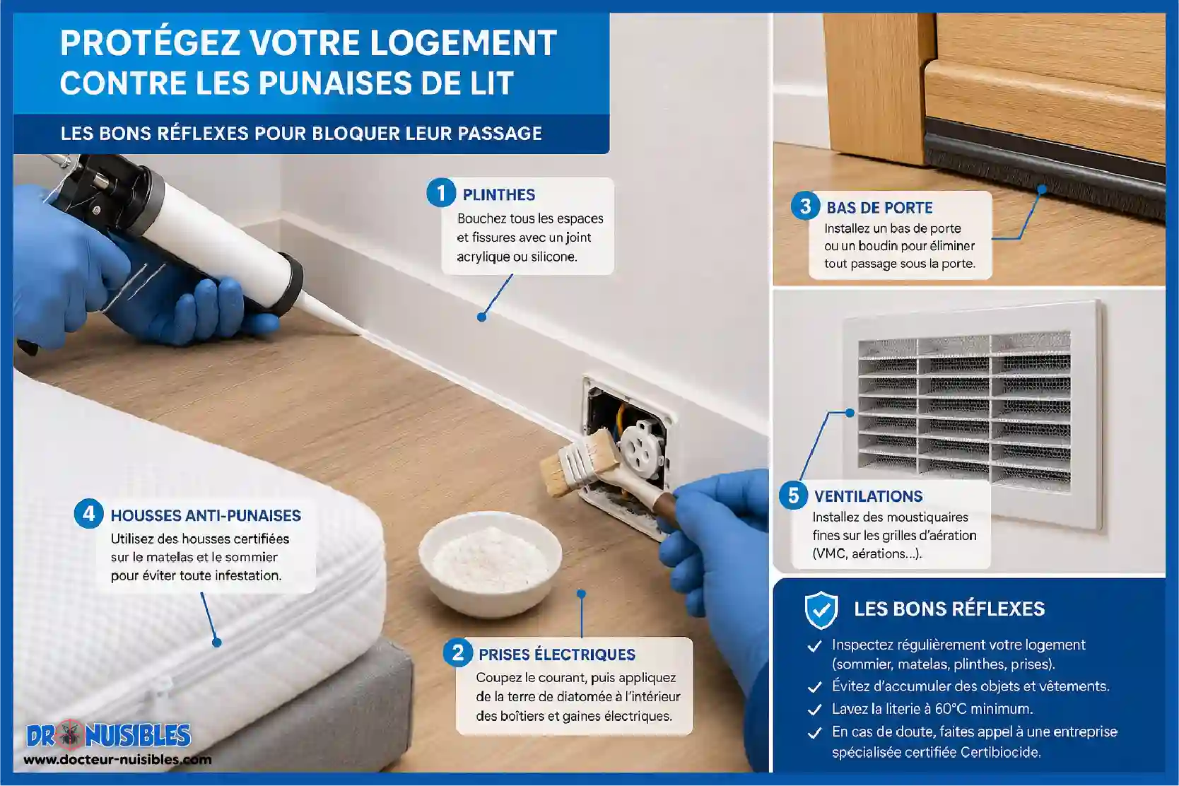 protection logement punaises de lit plinthes silicone prises electriques terre de diatomee prevention
