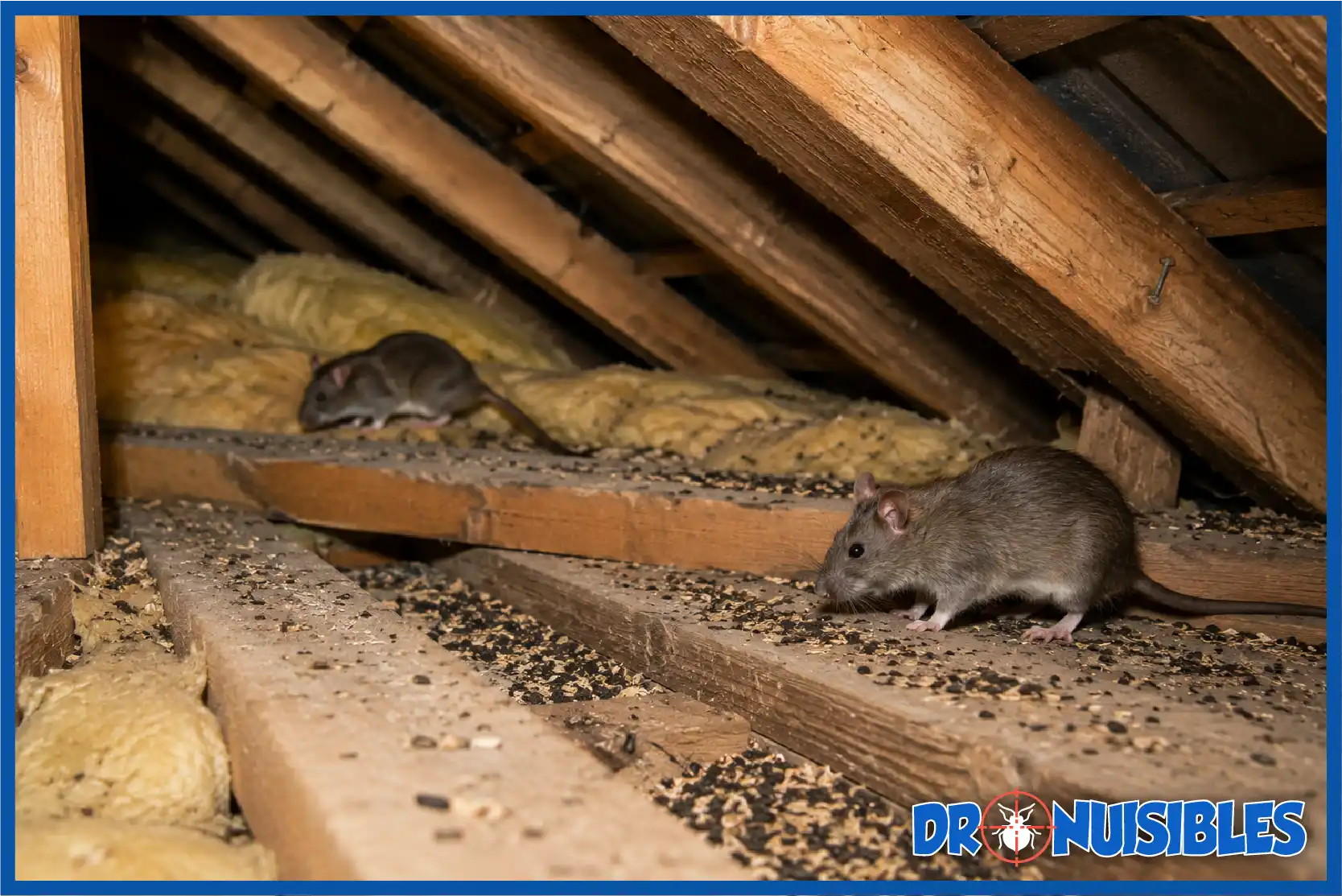 Deux rats circulant dans des combles sur l'isolation et la charpente en bois