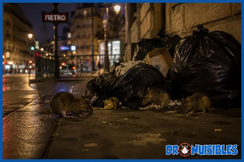 Plusieurs rats se nourrissant près de sacs poubelles dans une rue de Paris la nuit