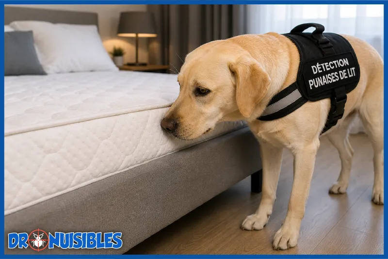 chien renifleur punaises de lit détectant une infestation sous un sommier