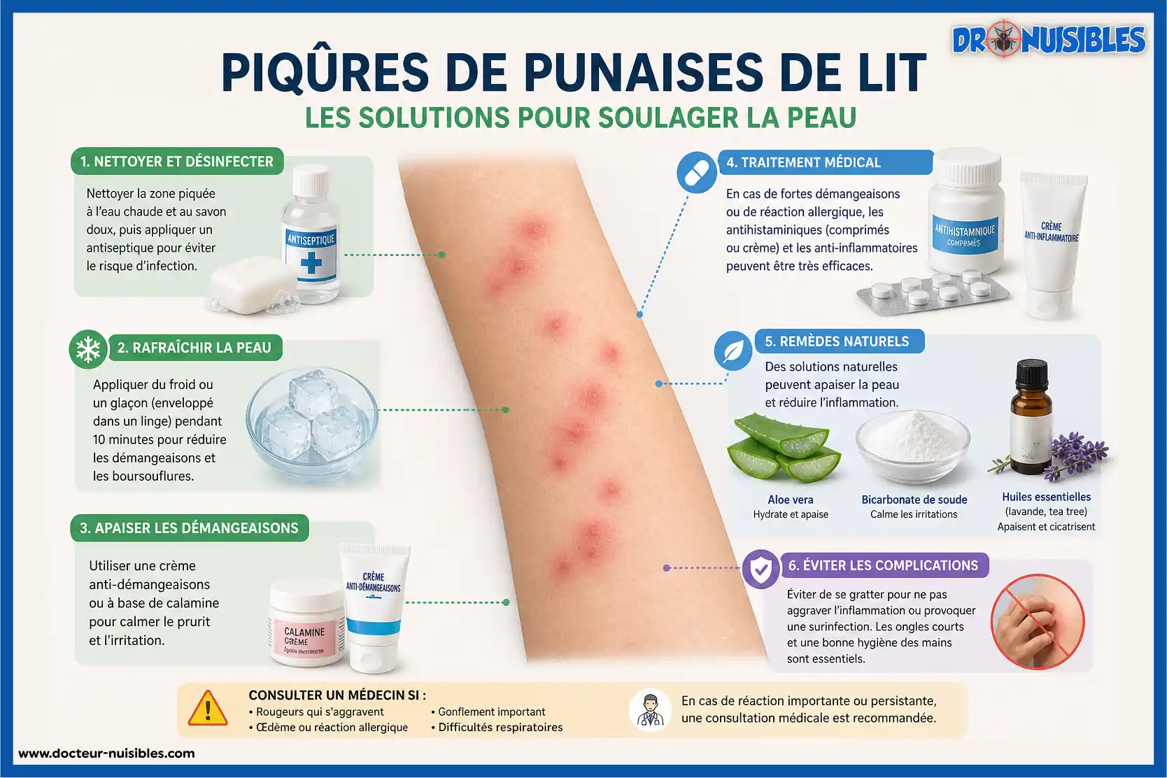 infographie solutions pour soulager les piqûres de punaises de lit traitement peau et démangeaisons
