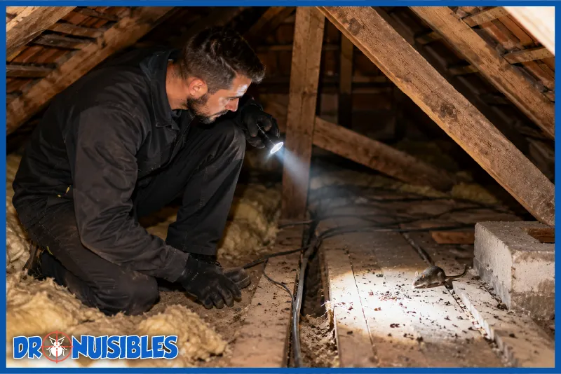 Technicien dératiseur inspectant des combles à la lampe frontale avec un rat visible
