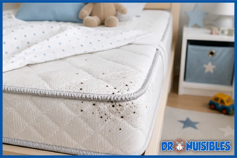 traces de punaises de lit sur un matelas avec petites taches noires