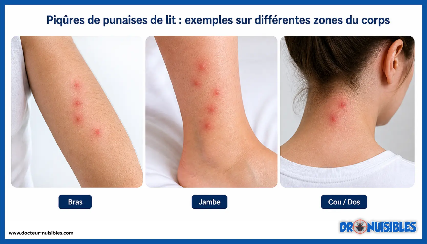 Photo de piqûres de punaises de lit sur bras jambe et cou différentes zones du corps