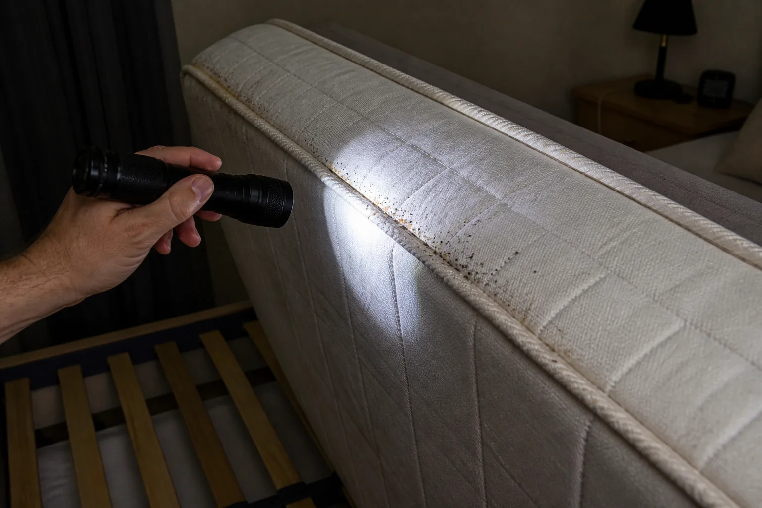 Inspection matelas avec lampe torche : déjections noires visibles le long des coutures