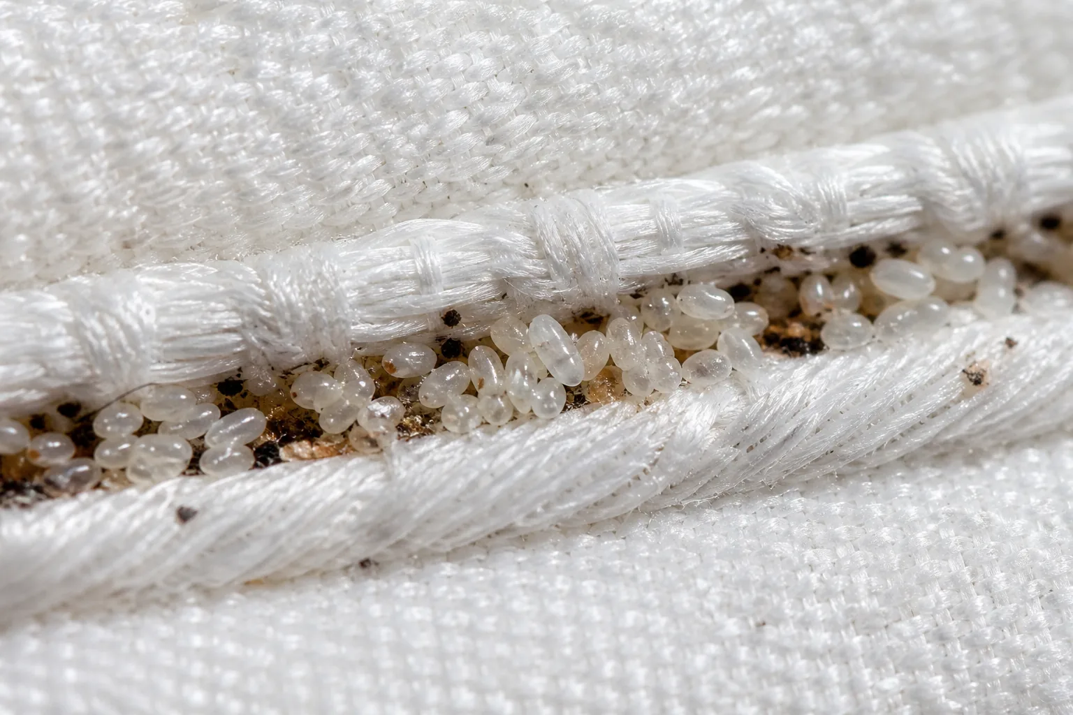 Œufs de punaises de lit en grappes dans couture de matelas blanc