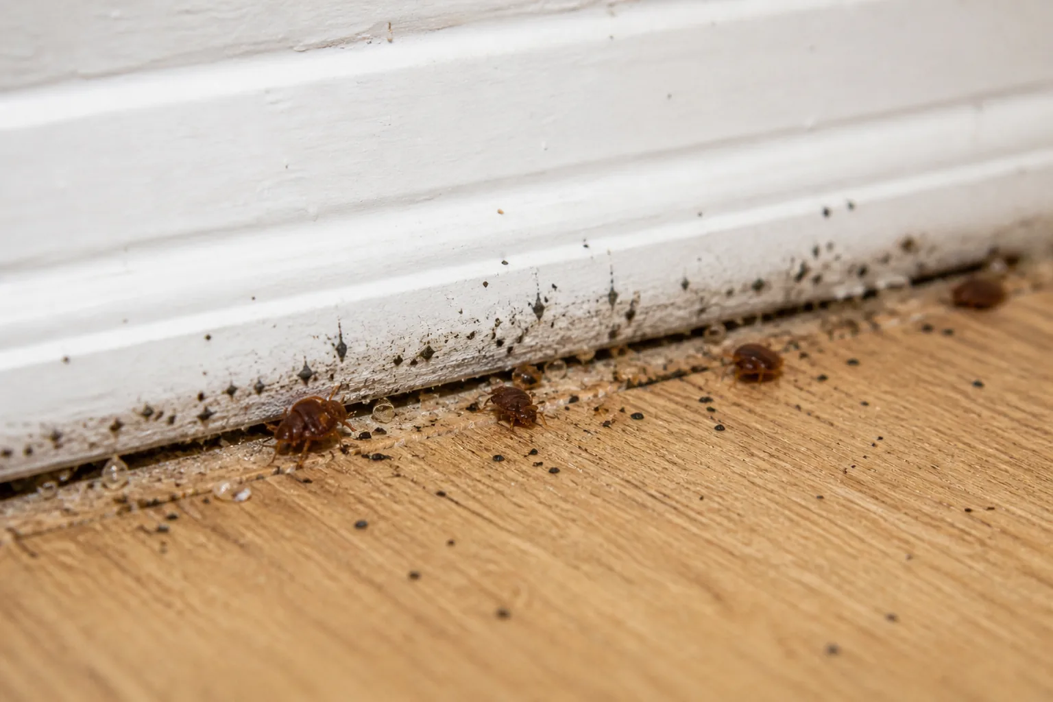 Punaises de lit adultes et déjections sur plinthes : infestation avancée