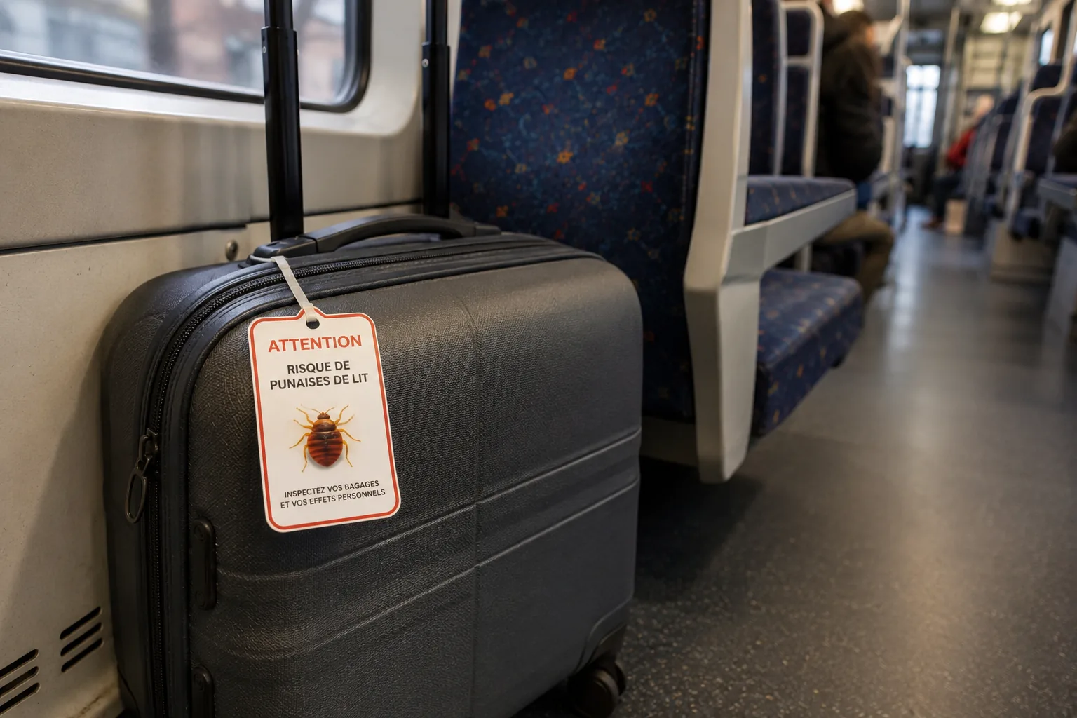 Valise dans un train avec étiquette attention risque punaises de lit